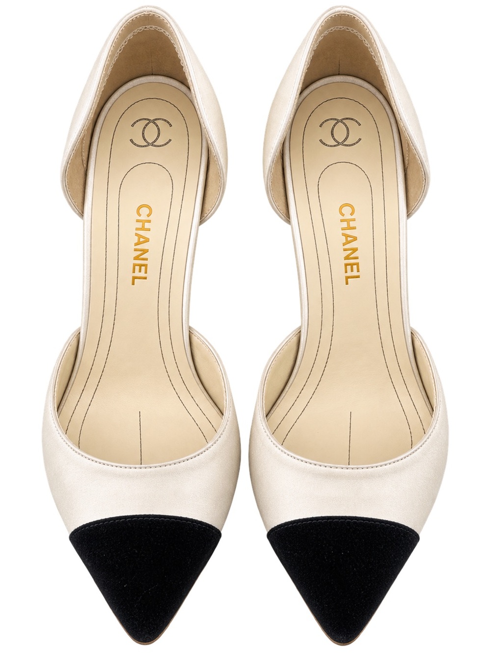 CHANEL Two-Tone Pointed D'Orsay Flats in Cream and Black